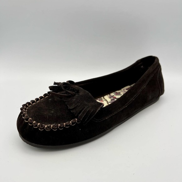 Decree Womens Leather Moccasins size 7M Dark Brown Fringe Contrasting Stitching - Picture 1 of 10